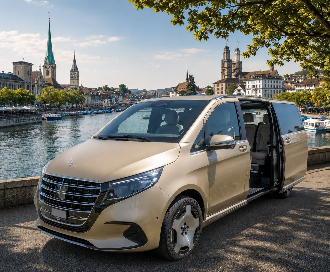 Mercedes V-Klasse goldmetallic vor der Zürcher Altstadt